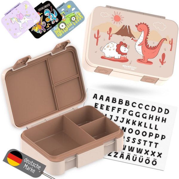 BEARFOOT Lunchbox Brotdose mit Fächern, leicht & auslaufsicher - Dino braun, PP, ABS, Silikon, Kindergarten und Schule - Mädchen und Jungen, Vesperbox, Snackbox