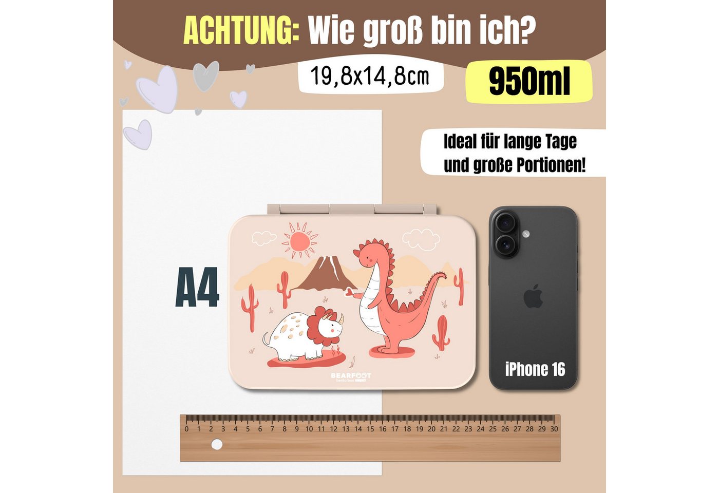 BEARFOOT Lunchbox Brotdose mit Fächern, leicht & auslaufsicher - Dino braun, PP, ABS, Silikon, Kindergarten und Schule - Mädchen und Jungen, Vesperbox, Snackbox – Bild 2 von 5
