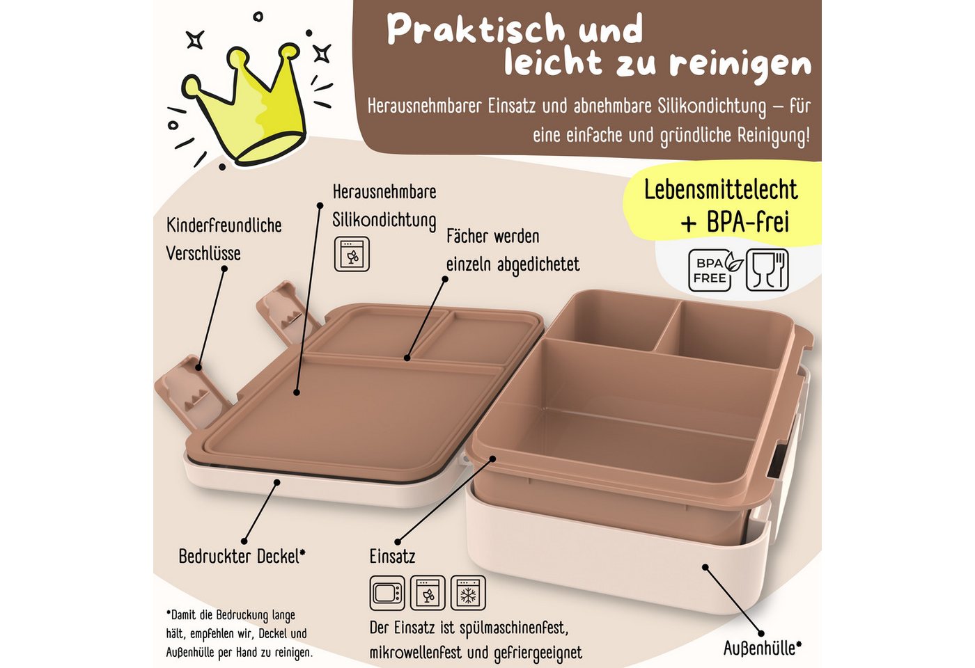 BEARFOOT Lunchbox Brotdose mit Fächern, leicht & auslaufsicher - Dino braun, PP, ABS, Silikon, Kindergarten und Schule - Mädchen und Jungen, Vesperbox, Snackbox – Bild 3 von 5