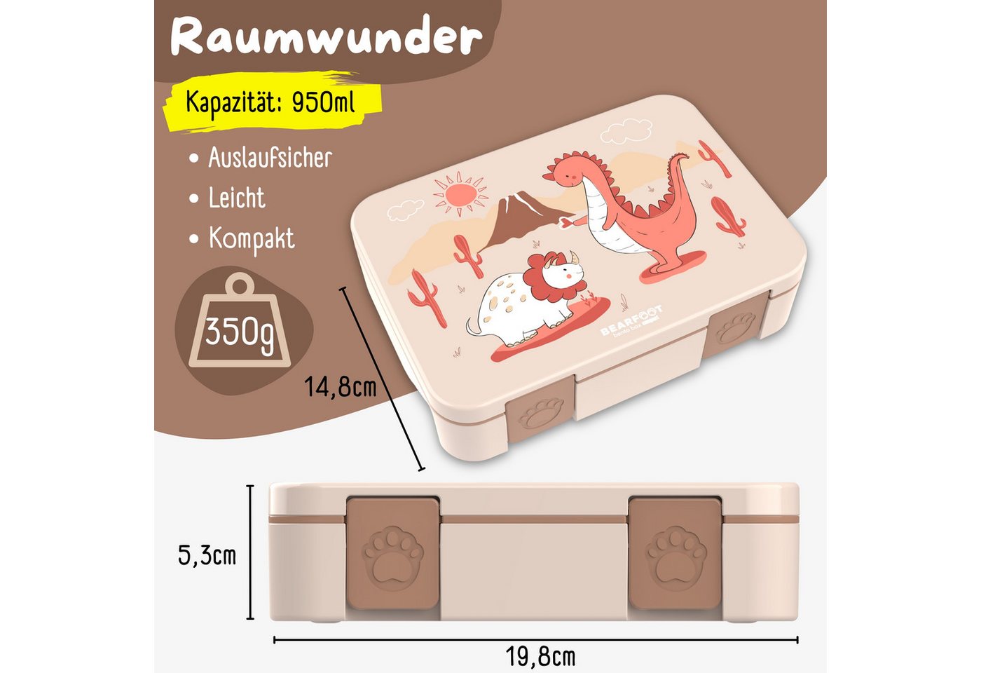 BEARFOOT Lunchbox Brotdose mit Fächern, leicht & auslaufsicher - Dino braun, PP, ABS, Silikon, Kindergarten und Schule - Mädchen und Jungen, Vesperbox, Snackbox – Bild 5 von 5