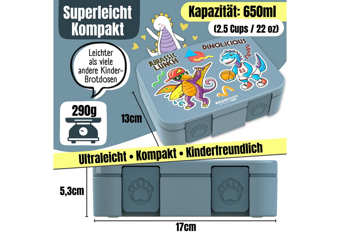BEARFOOT Lunchbox Brotdose mit Fächern, leicht & auslaufsicher - Dinos blau, PP, ABS, Silikon, Kindergarten und Schule - Mädchen und Jungen, Vesperbox, Snackbox – Bild 4 von 5