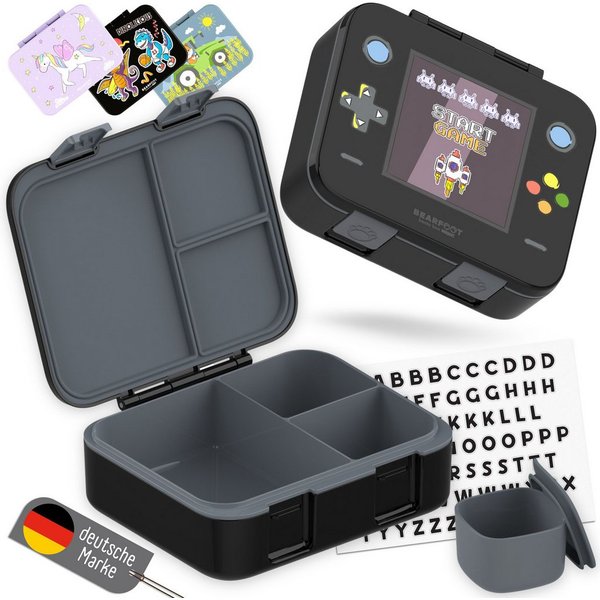 BEARFOOT Lunchbox Brotdose mit Fächern, leicht & auslaufsicher - Game schwarz, PP, ABS, Silikon, Kindergarten und Schule - Mädchen und Jungen, Vesperbox, Snackb