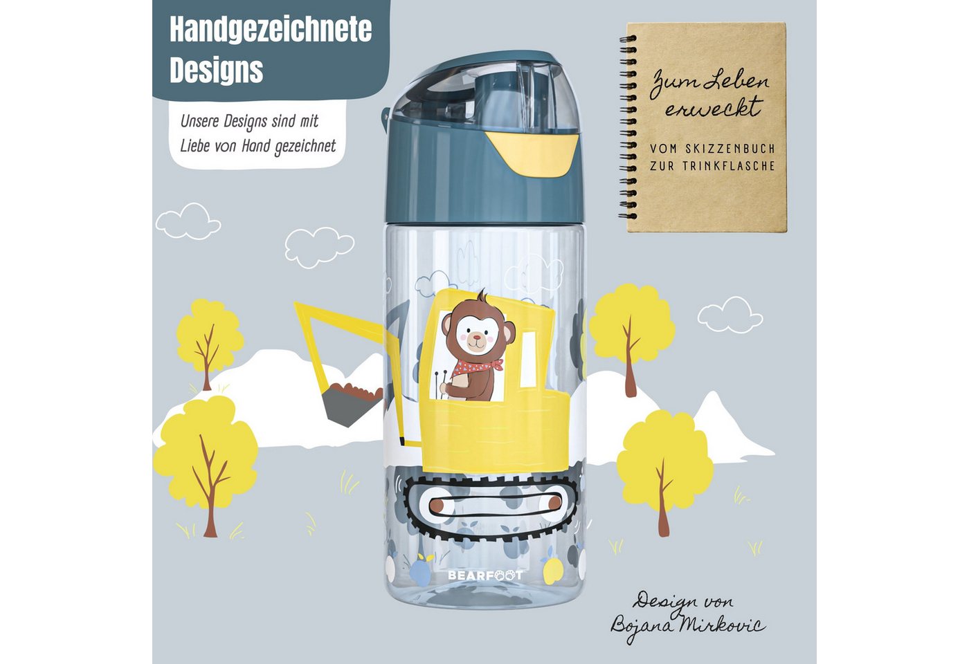 BEARFOOT Trinkflasche Trinkflasche Kinder, leichte Wasserflasche - Bagger & Affe – Bild 2 von 5