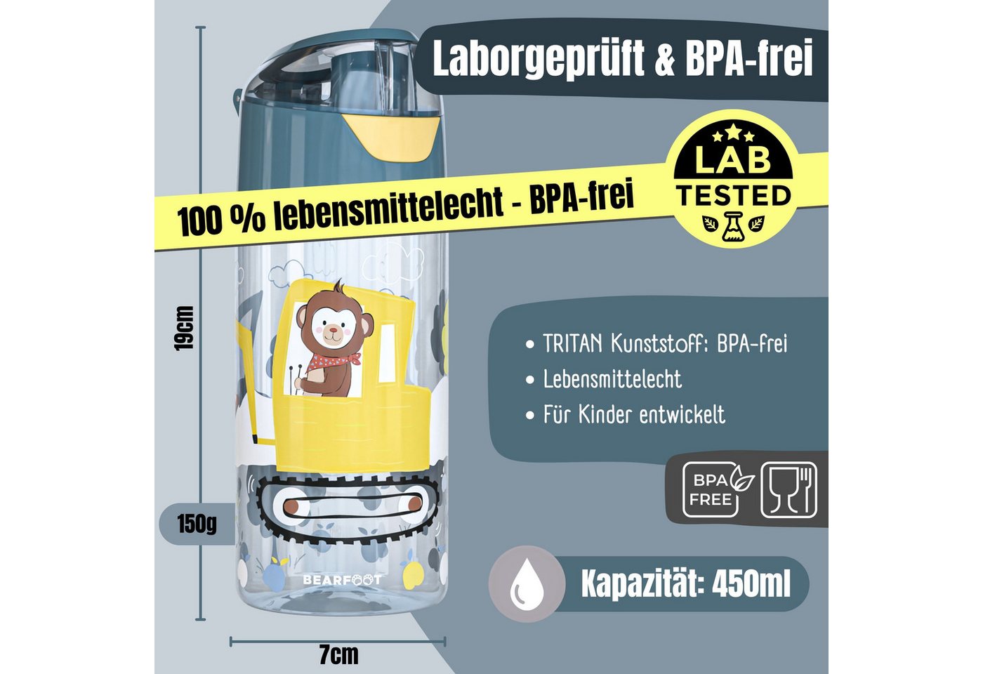 BEARFOOT Trinkflasche Trinkflasche Kinder, leichte Wasserflasche - Bagger & Affe – Bild 3 von 5