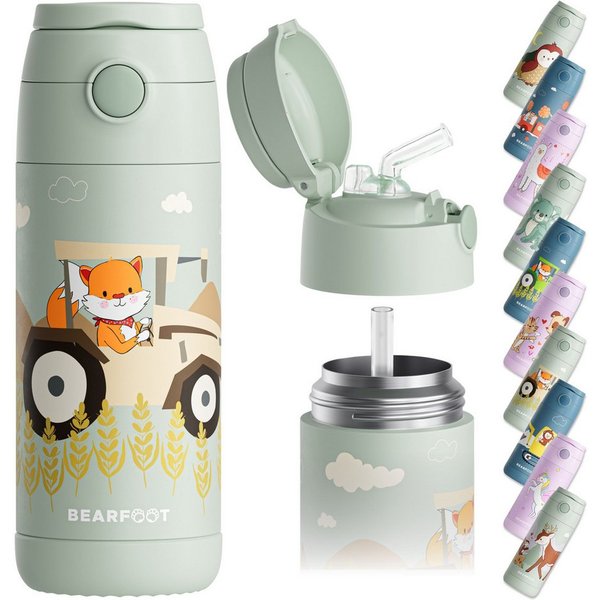 BEARFOOT Trinkflasche Thermo Kinder Trinkflasche Edelstahl - Traktor grün, Thermosflasche, auslaufsicher, Edelstahl, Kinderflasche, BPA-frei