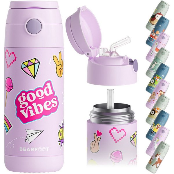 BEARFOOT Trinkflasche Thermo Kinder Trinkflasche Edelstahl - Sticker lila, Thermosflasche, auslaufsicher, Edelstahl, Kinderflasche, BPA-frei