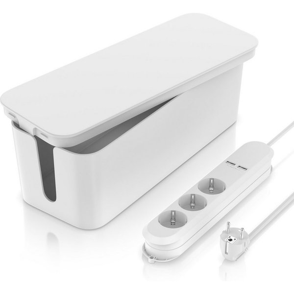 BEARWARE 3 Fach Steckerleiste mit 2X USB Ladeports & Kabelbox im Set, weiß Steckdosenleiste 3-fach (USB-Anschluss, Schutzkontaktstecker, Kindersicherung, Kabell