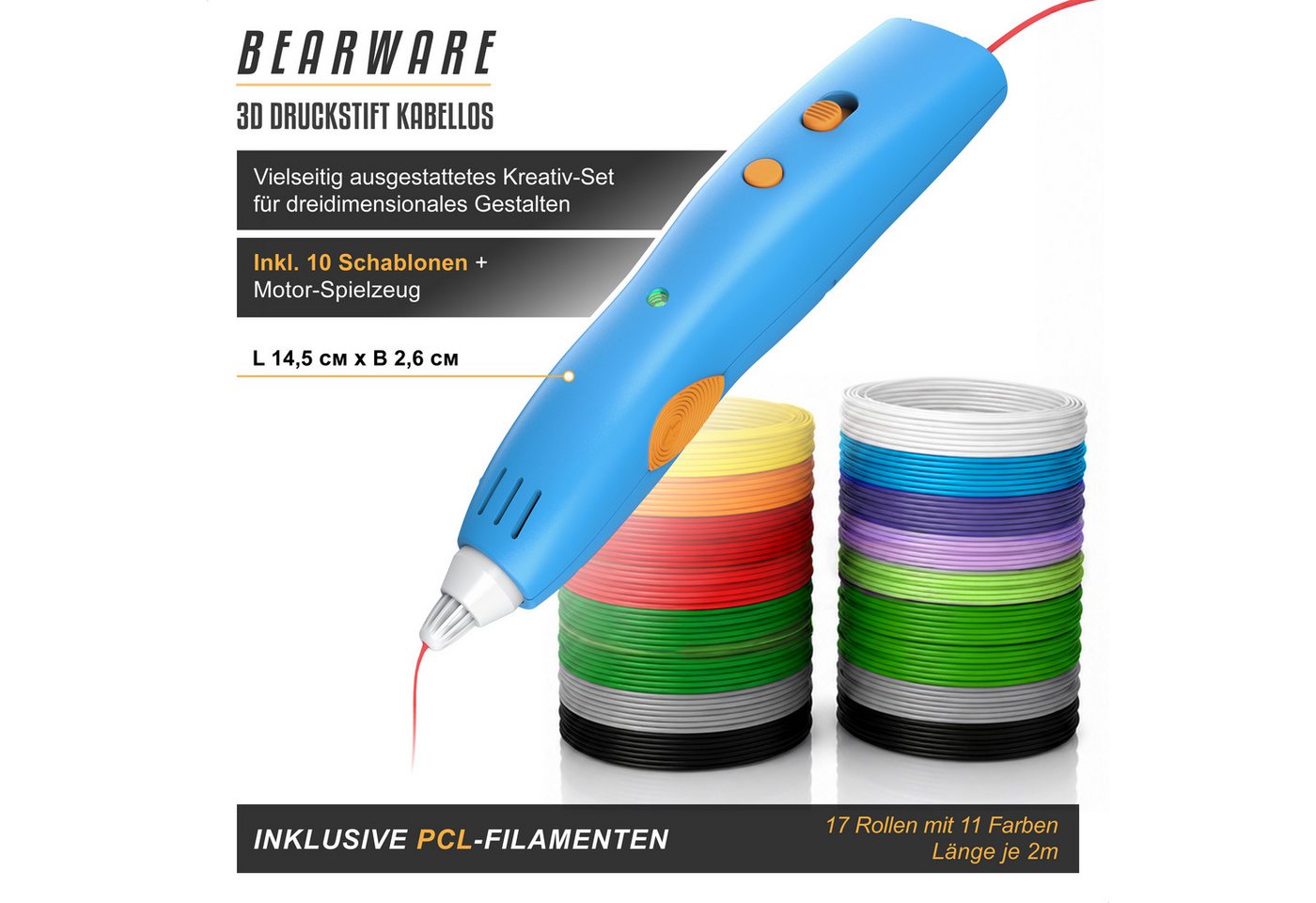 BEARWARE 3D-Drucker-Stift 3D-Druckstift 10 W mit PCL-Startfarben, Schablonen & Motor-Einheit, sichere Niedertemperatur-PCL ca. 60°C, integrierter Li-Ion-Akku, U – Bild 2 von 5