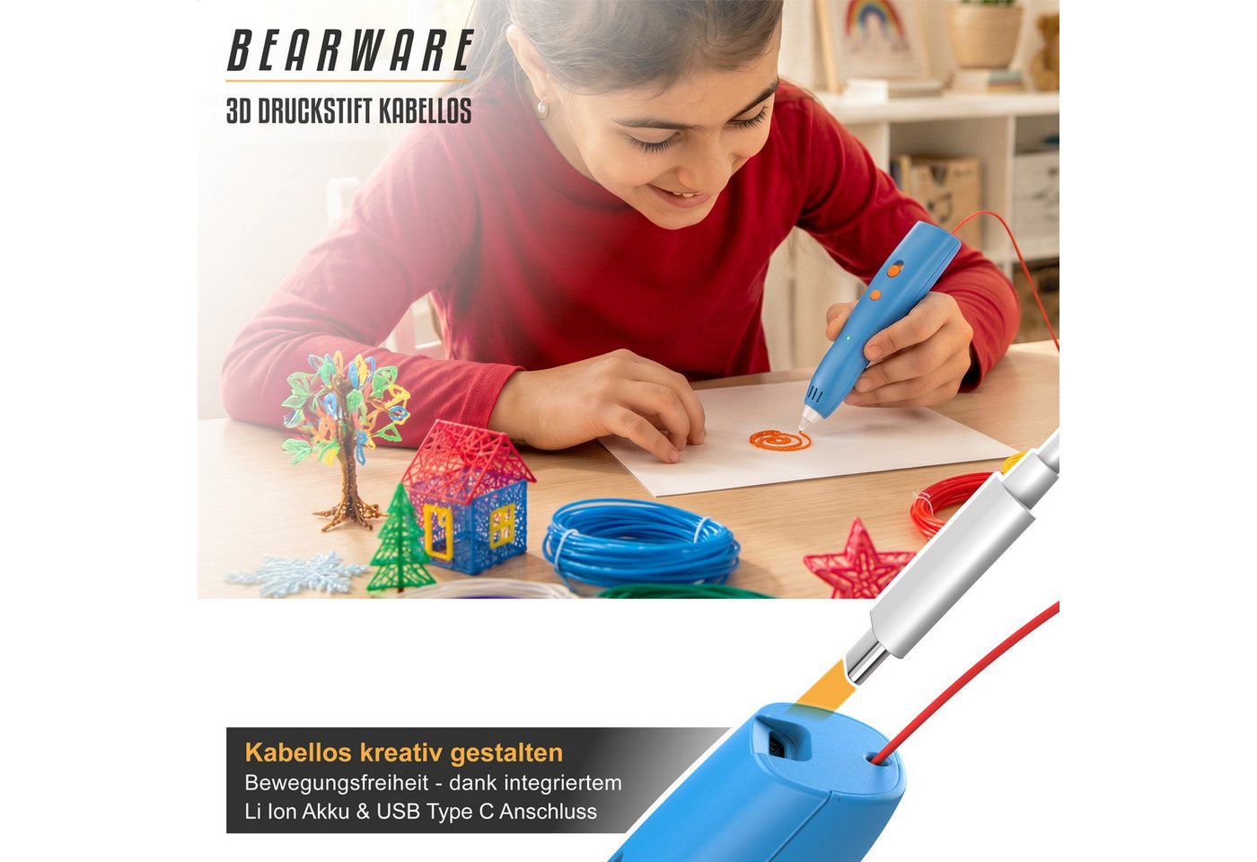 BEARWARE 3D-Drucker-Stift 3D-Druckstift 10 W mit PCL-Startfarben, Schablonen & Motor-Einheit, sichere Niedertemperatur-PCL ca. 60°C, integrierter Li-Ion-Akku, U – Bild 3 von 5