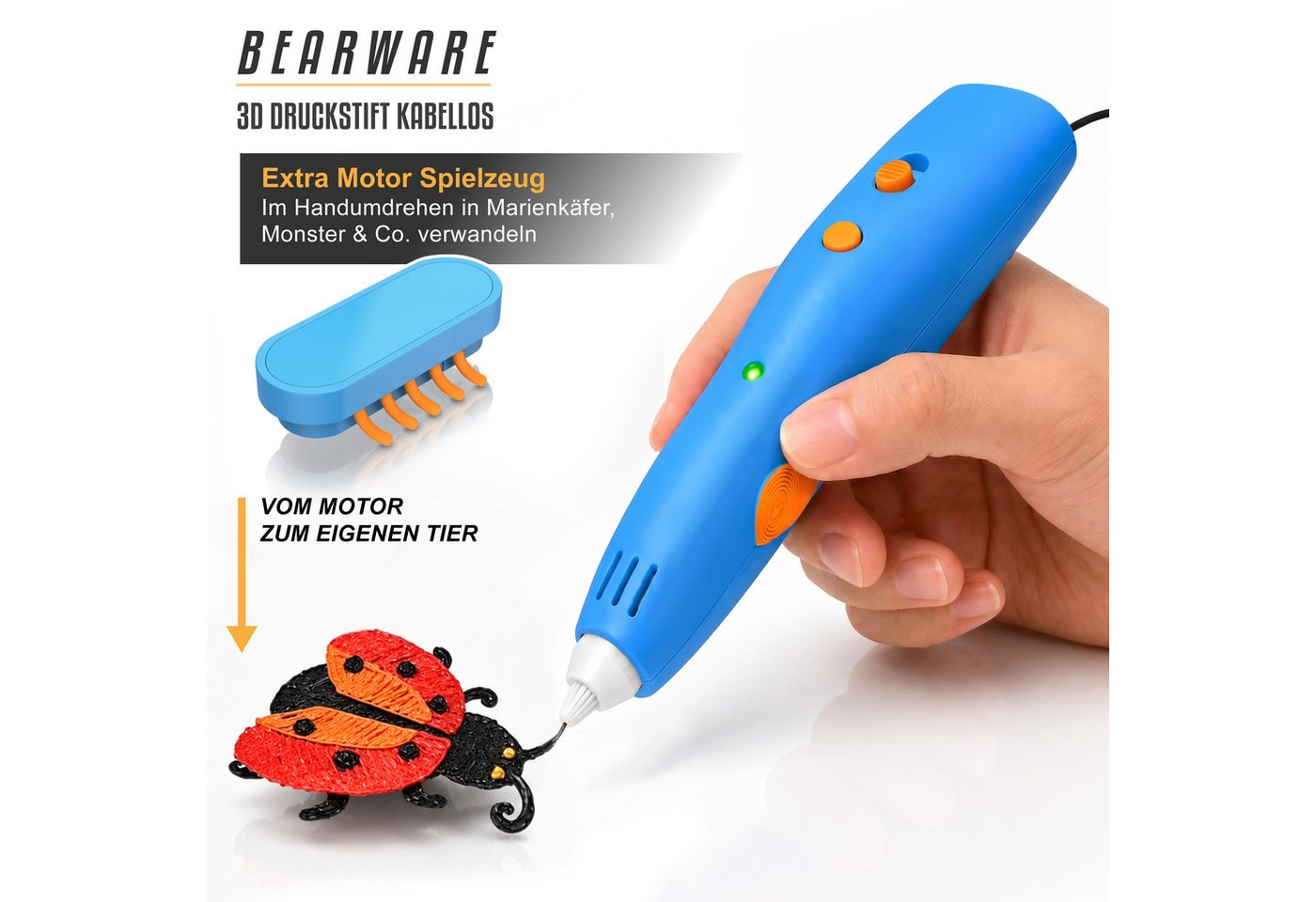 BEARWARE 3D-Drucker-Stift 3D-Druckstift 10 W mit PCL-Startfarben, Schablonen & Motor-Einheit, sichere Niedertemperatur-PCL ca. 60°C, integrierter Li-Ion-Akku, U – Bild 4 von 5