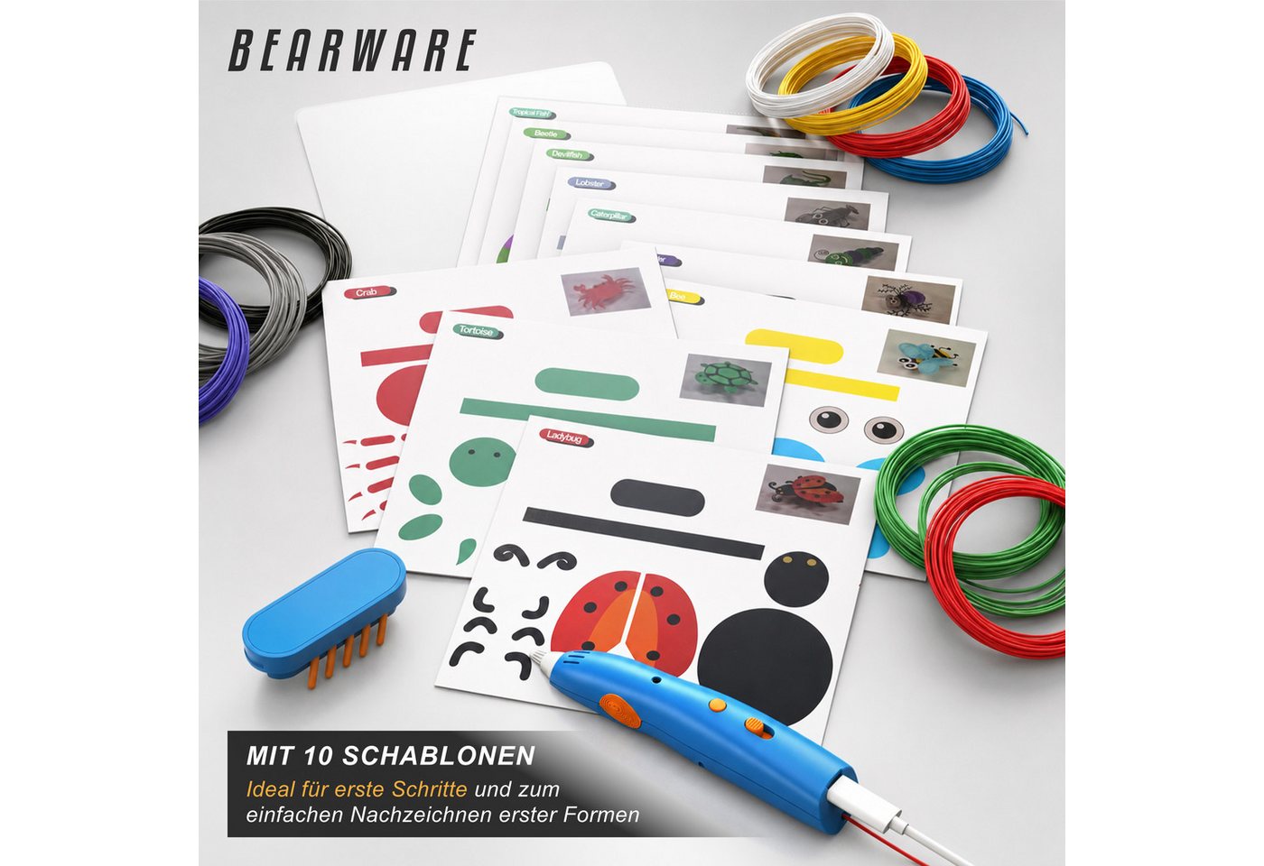 BEARWARE 3D-Drucker-Stift 3D-Druckstift 10 W mit PCL-Startfarben, Schablonen & Motor-Einheit, sichere Niedertemperatur-PCL ca. 60°C, integrierter Li-Ion-Akku, U – Bild 5 von 5