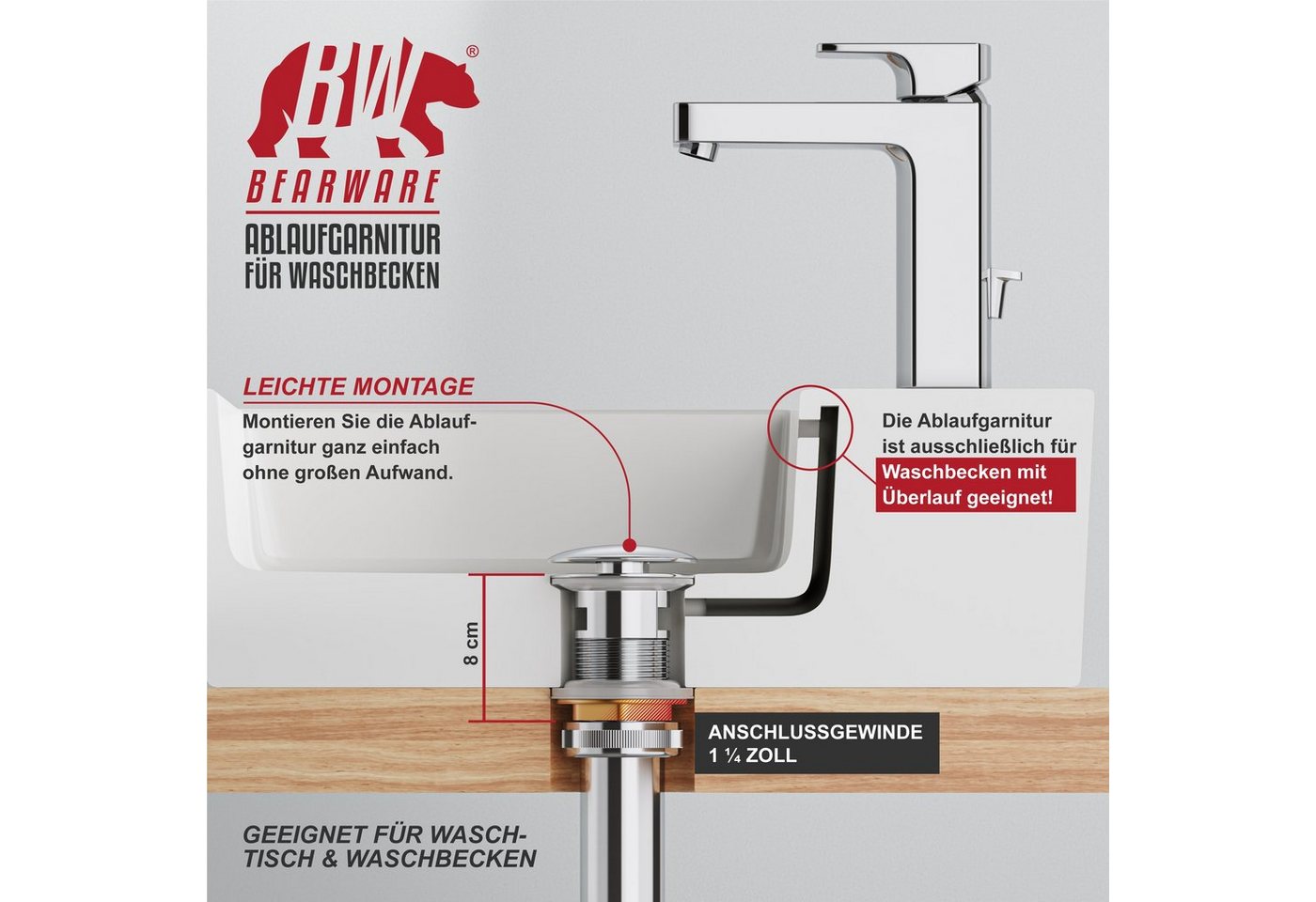BEARWARE Ablaufgarnitur mit Überlauf Stöpsel, Messing verchromt, 1¼ Zoll, Ablaufventil, Pop Up (1-St) für Waschbecken Spüle Küche Bad, Ersatzdichtungen, Chrom – Bild 3 von 5