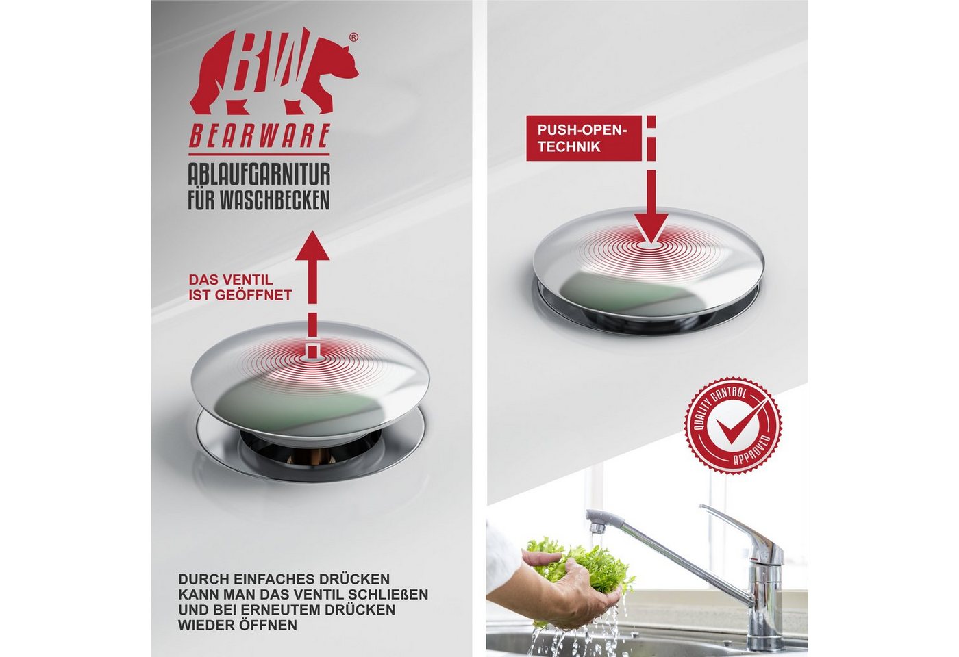 BEARWARE Ablaufgarnitur mit Überlauf Stöpsel, Messing verchromt, 1¼ Zoll, Ablaufventil, Pop Up (1-St) für Waschbecken Spüle Küche Bad, Ersatzdichtungen, Chrom – Bild 4 von 5