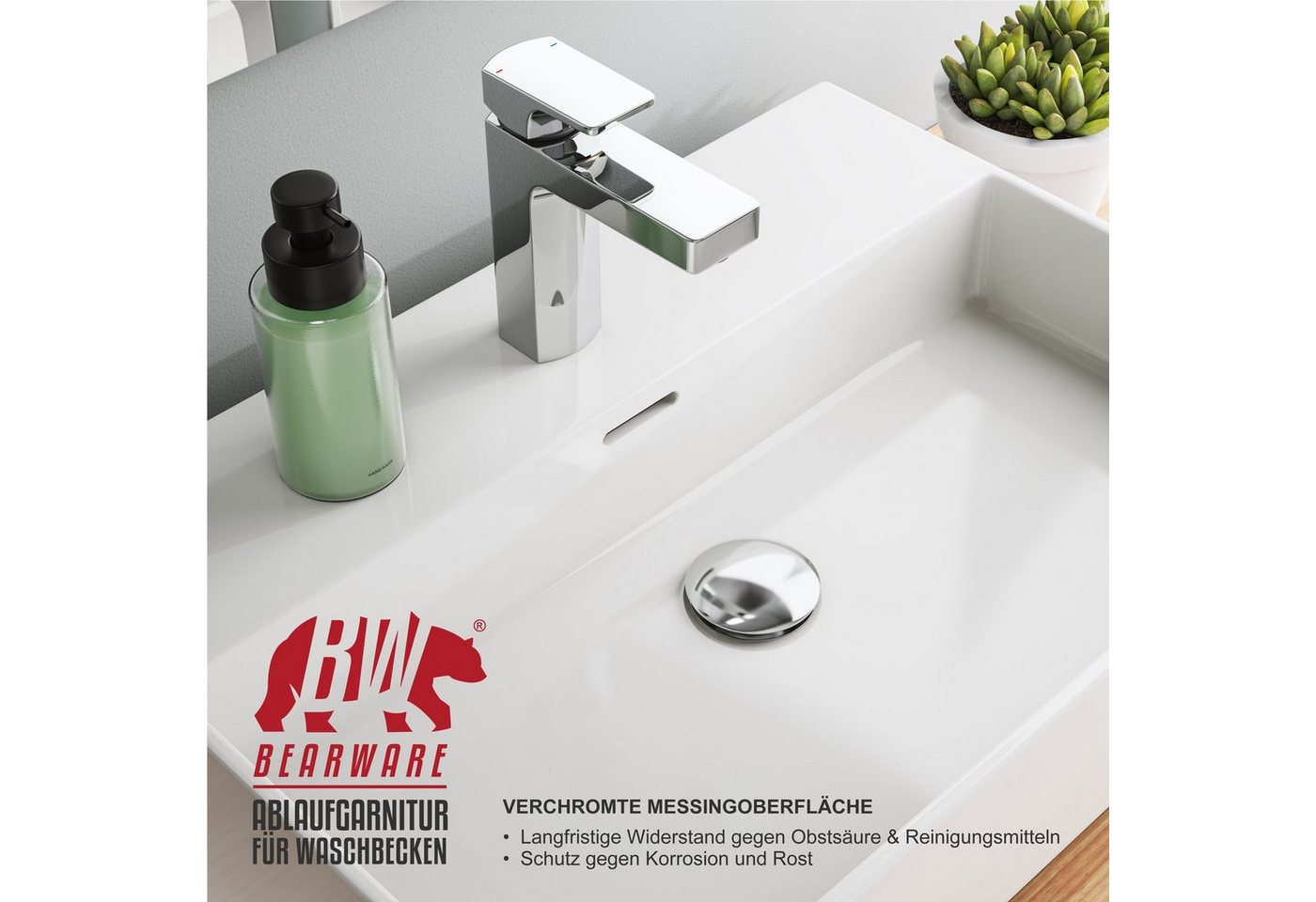 BEARWARE Ablaufgarnitur mit Überlauf Stöpsel, Messing verchromt, 1¼ Zoll, Ablaufventil, Pop Up (1-St) für Waschbecken Spüle Küche Bad, Ersatzdichtungen, Chrom – Bild 5 von 5