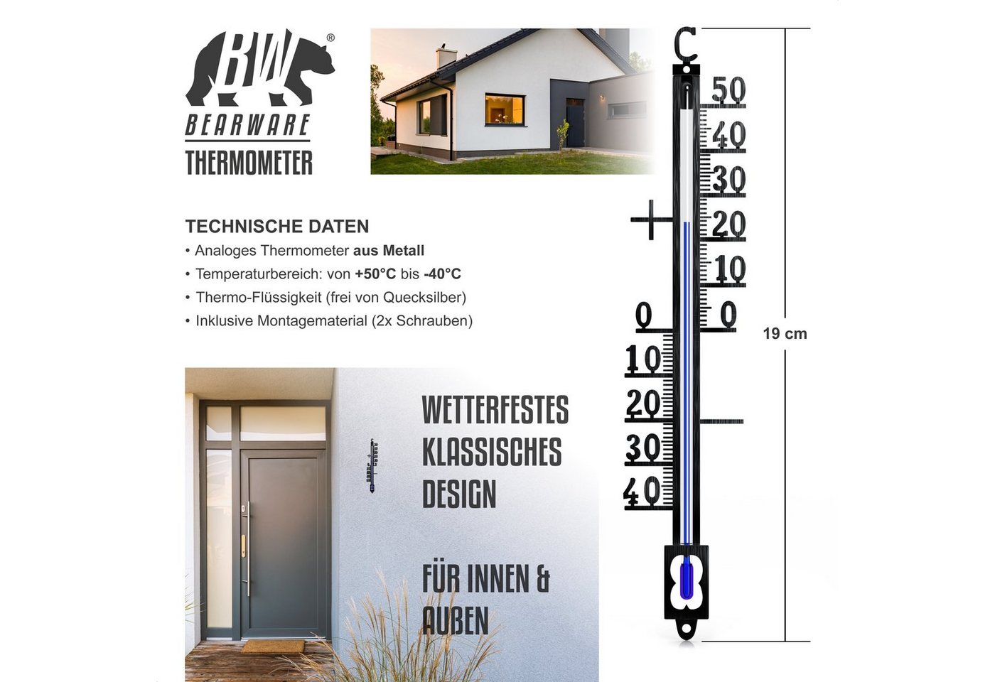 BEARWARE Analoges Thermometer aus Metall, Außenthermometer wetterfest Außenwetterstation (Montagematerial, Messbereich -40° bis +50° C – klassisches Design, für – Bild 2 von 5