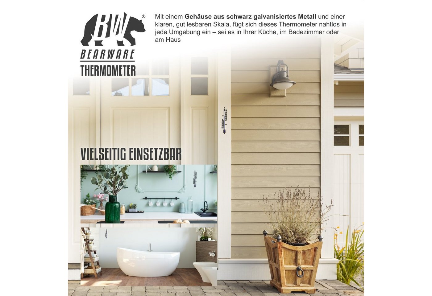BEARWARE Analoges Thermometer aus Metall, Außenthermometer wetterfest Außenwetterstation (Montagematerial, Messbereich -40° bis +50° C – klassisches Design, für – Bild 5 von 5
