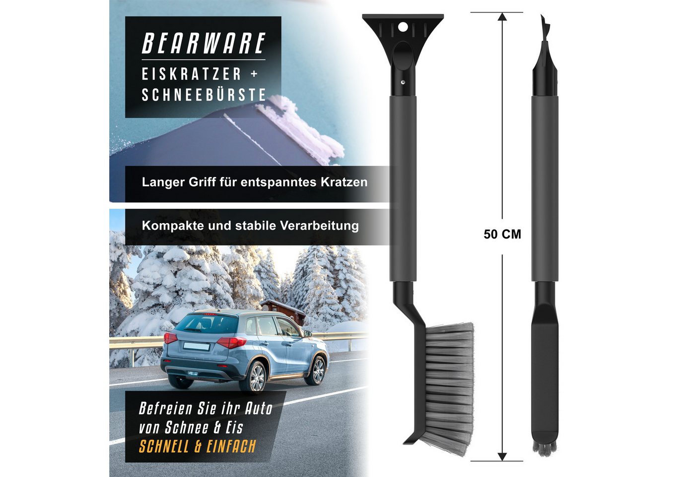BEARWARE Eiskratzer mit Schneebürste für Auto, Wohnmobil & LKW aus bruchsicherem ABS schonender 2in1 Schaber & Schneebesen 50cm lang mit Eisbrecher Zacken – Bild 2 von 5