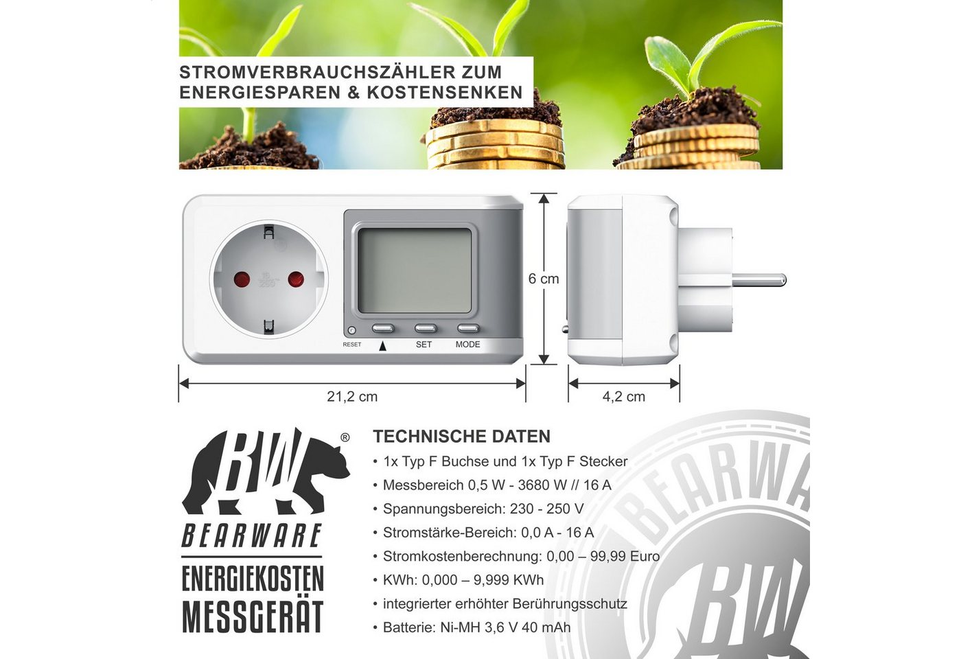 BEARWARE Energiekostenmessgerät 3er Set Energiekostenmessgerät Strommessgerät Steckdose, 3-tlg., Strommessgerät für Typ F Buchse mit Berührungsschutz, 0,0 A -16 – Bild 2 von 5