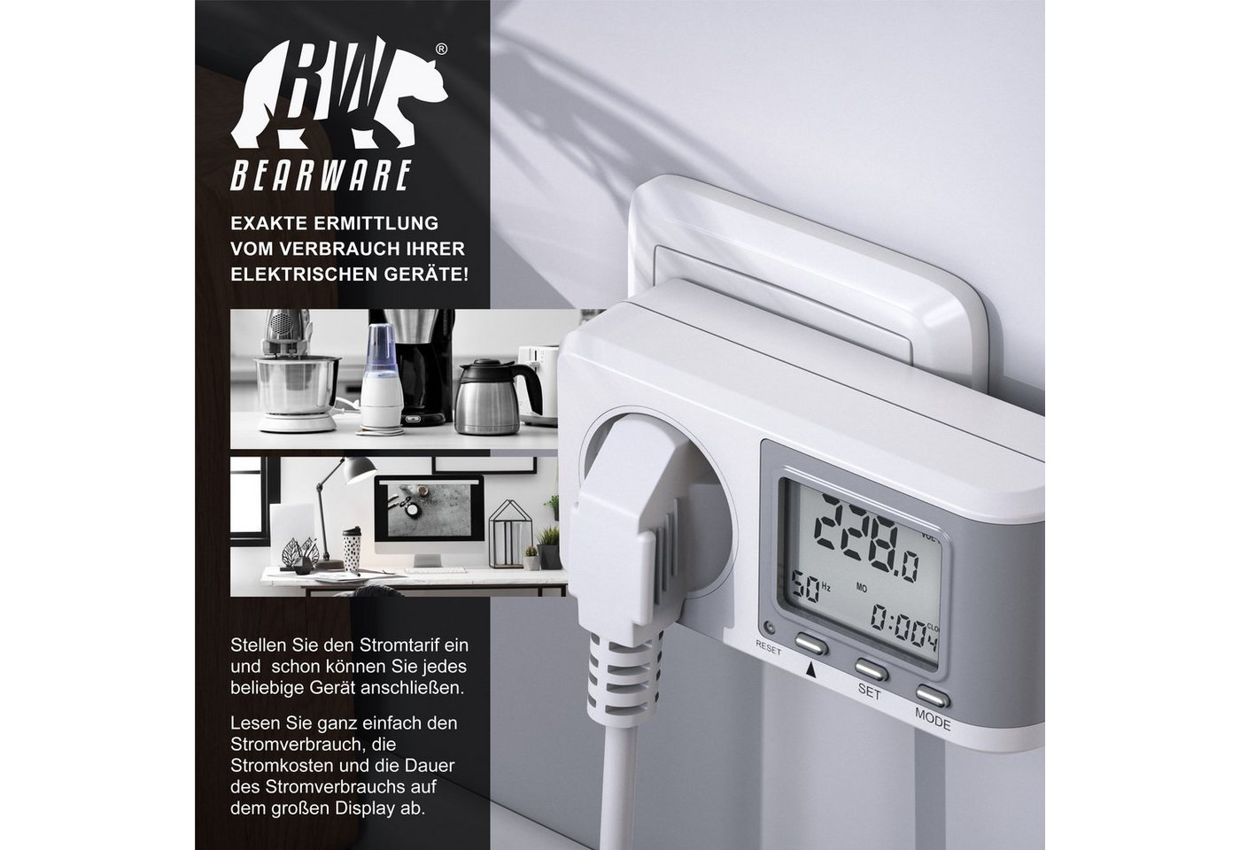 BEARWARE Energiekostenmessgerät 3er Set Energiekostenmessgerät Strommessgerät Steckdose, 3-tlg., Strommessgerät für Typ F Buchse mit Berührungsschutz, 0,0 A -16 – Bild 4 von 5