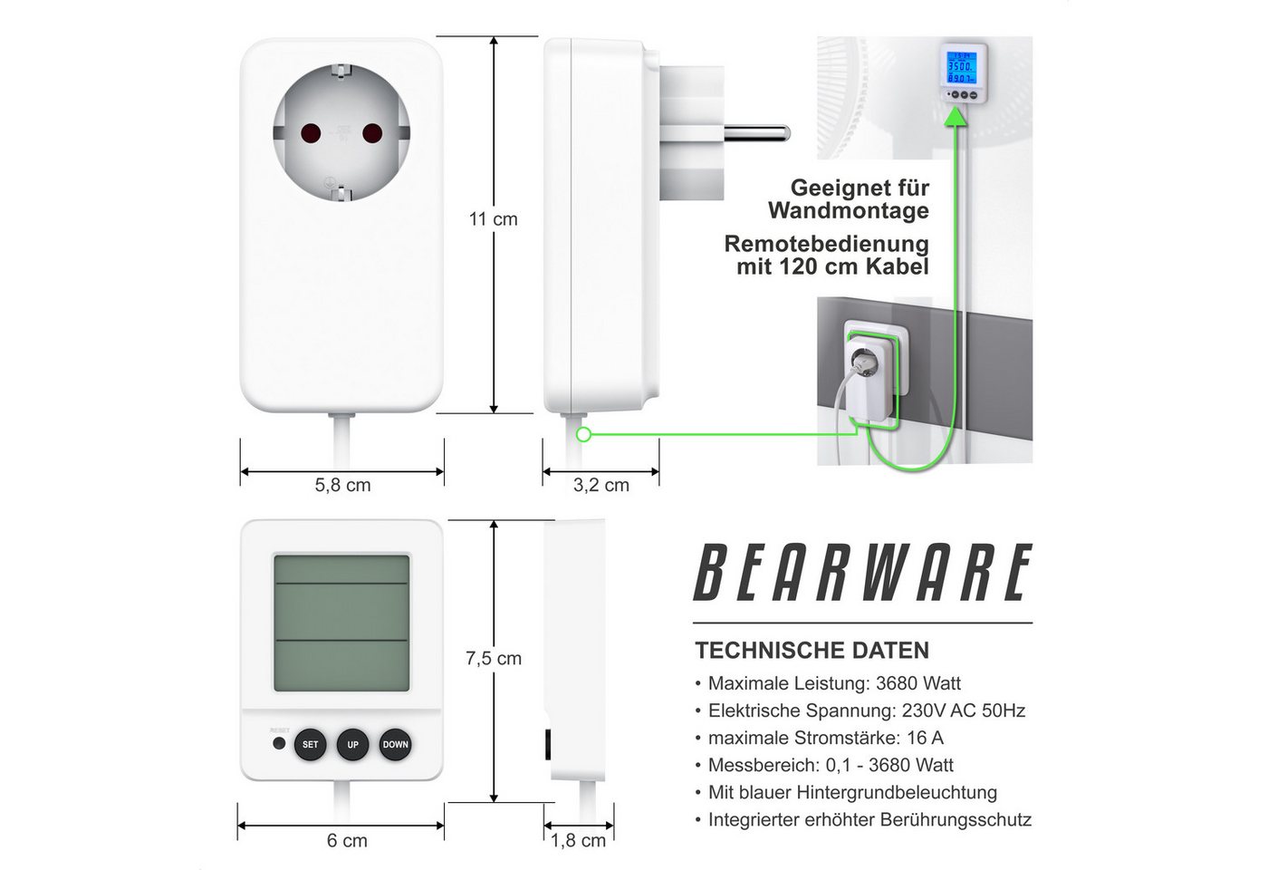 BEARWARE Energiekostenmessgerät digital, Strommessgerät, kabelgebundenes seperates Display, 3680 Watt, 1-tlg., Stromverbrauchszähler, Stromzähler für die Steckd – Bild 2 von 5