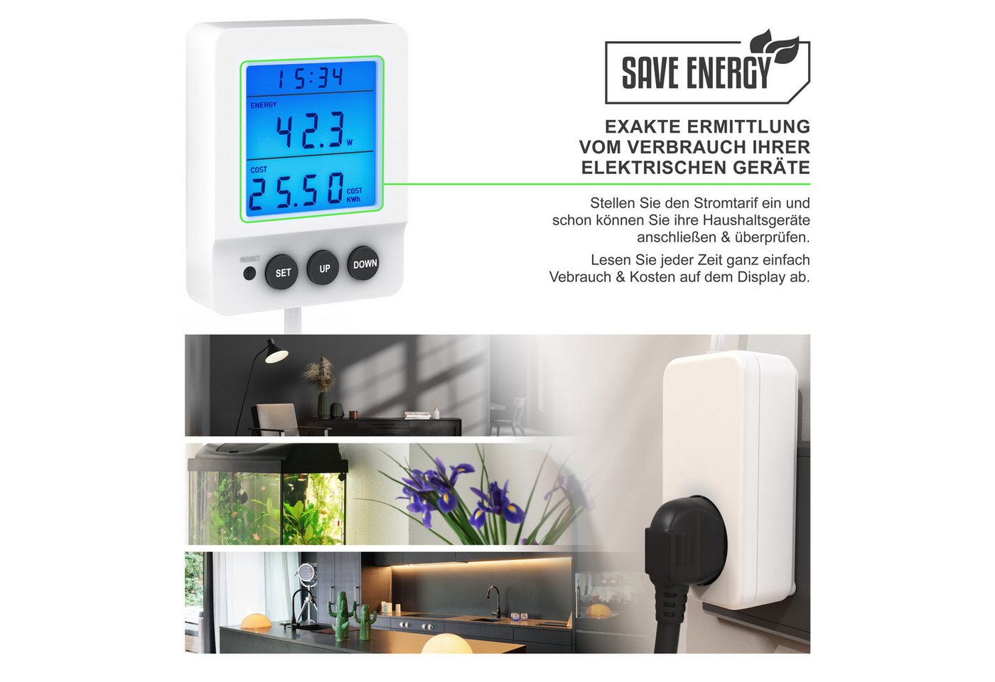 BEARWARE Energiekostenmessgerät digital, Strommessgerät, kabelgebundenes seperates Display, 3680 Watt, 1-tlg., Stromverbrauchszähler, Stromzähler für die Steckd – Bild 3 von 5