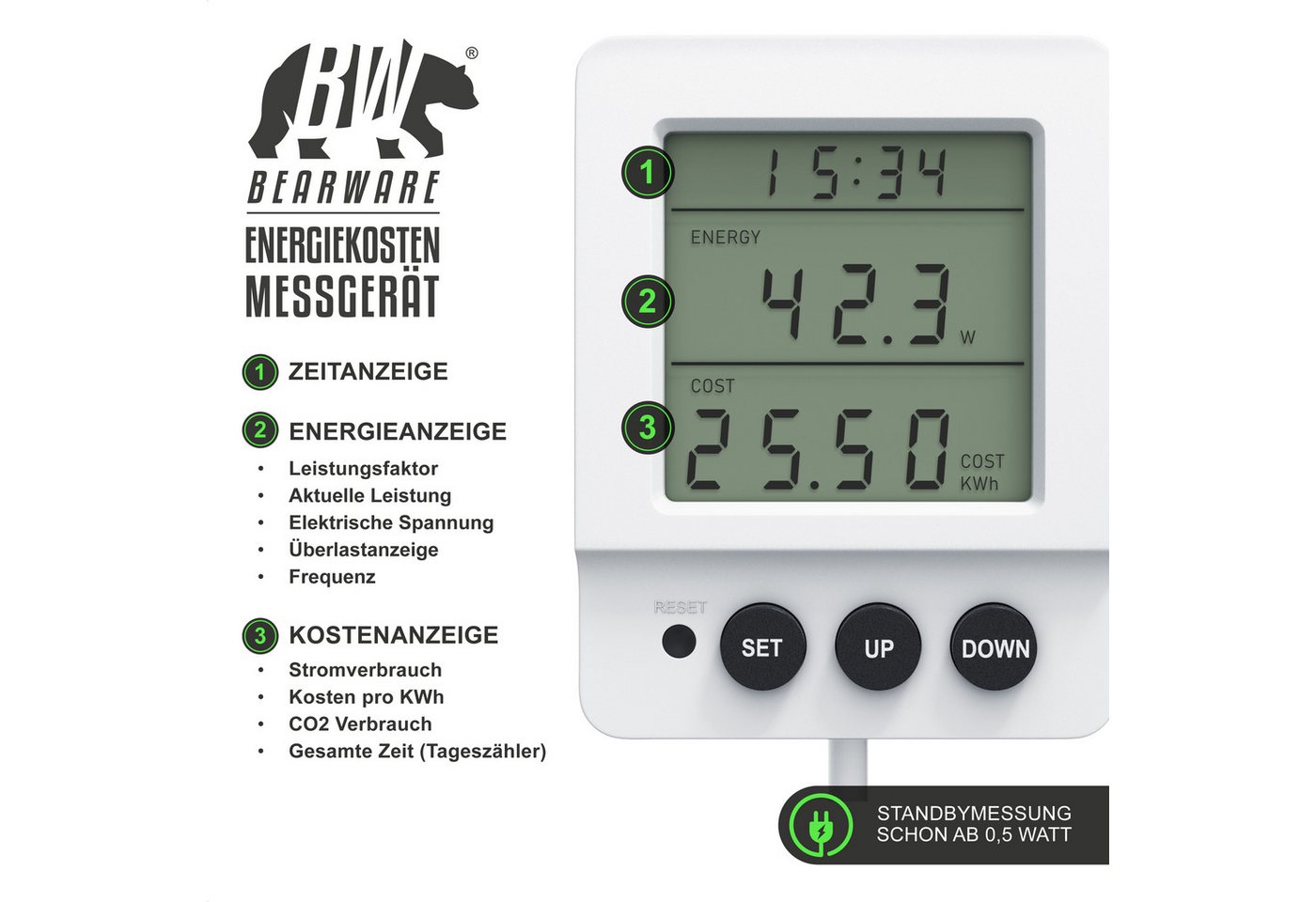 BEARWARE Energiekostenmessgerät digital, Strommessgerät, kabelgebundenes seperates Display, 3680 Watt, 1-tlg., Stromverbrauchszähler, Stromzähler für die Steckd – Bild 4 von 5