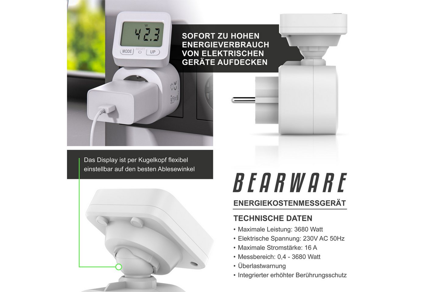 BEARWARE Energiekostenmessgerät max. 3680 W, Strommesser, Stromverbrauchszähler, 1,8 " Display, 1-tlg., Stromkostenmessgerät, Steckdose Stromzähler, Schwenkbare – Bild 2 von 5