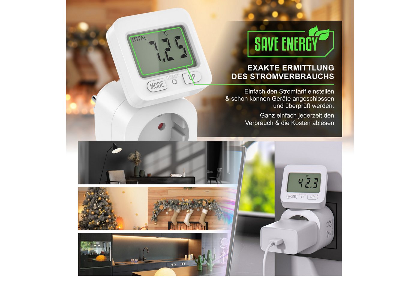 BEARWARE Energiekostenmessgerät max. 3680 W, Strommesser, Stromverbrauchszähler, 1,8 " Display, 1-tlg., Stromkostenmessgerät, Steckdose Stromzähler, Schwenkbare – Bild 4 von 5