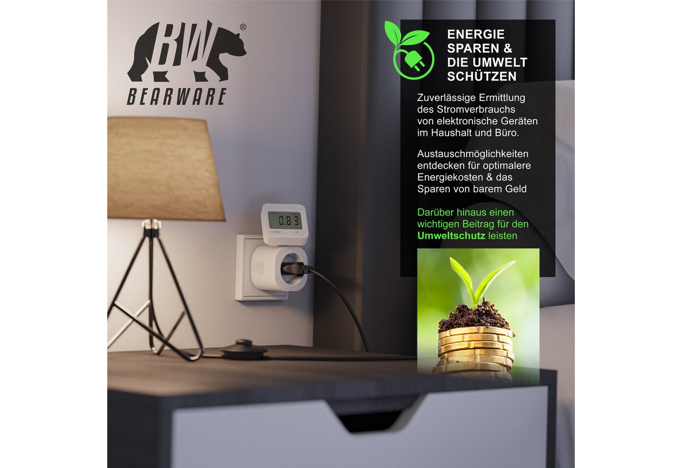 BEARWARE Energiekostenmessgerät max. 3680 W, Strommesser, Stromverbrauchszähler, 1,8 " Display, 1-tlg., Stromkostenmessgerät, Steckdose Stromzähler, Schwenkbare – Bild 5 von 5