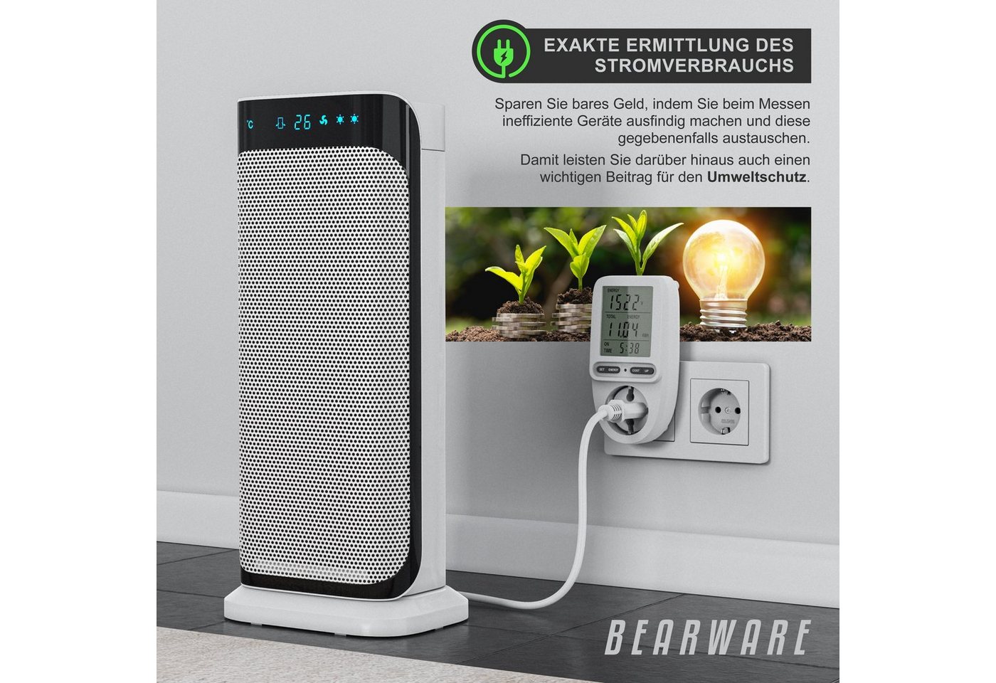 BEARWARE Energiekostenmessgerät max. 3680 W, Strommesser, Stromverbrauchszähler, 1-tlg., Stromkostenmessgerät, Steckdose Stromzähler, mit großem Display – Bild 4 von 5