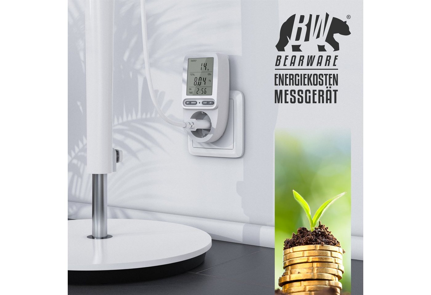 BEARWARE Energiekostenmessgerät max. 3680 W, Strommesser, Stromverbrauchszähler, 1-tlg., Stromkostenmessgerät, Steckdose Stromzähler, mit großem Display – Bild 5 von 5