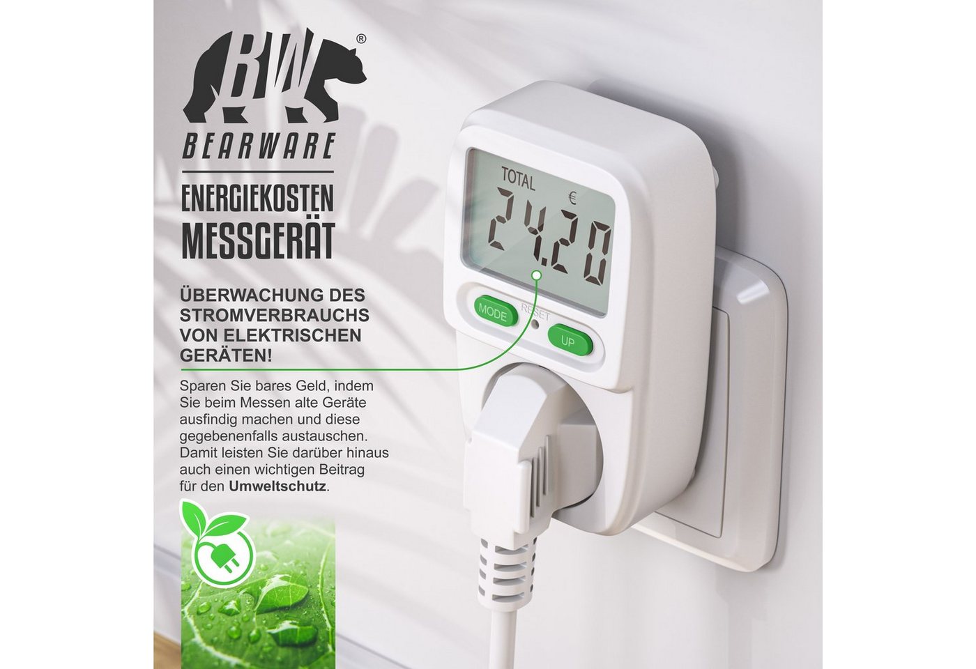 BEARWARE Energiekostenmessgerät Stromkostenmessgerät, Stromverbrauchsmesser mit Kinderschutzsicherung, 1-tlg., Strommessgerät, Stromzähler Steckdose, Verbrauchs – Bild 3 von 5