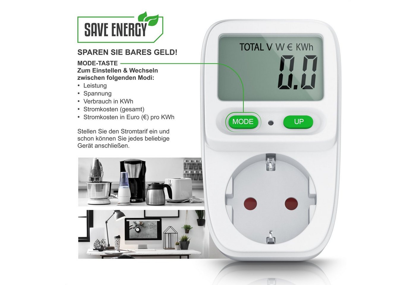 BEARWARE Energiekostenmessgerät Stromkostenmessgerät, Stromverbrauchsmesser mit Kinderschutzsicherung, 1-tlg., Strommessgerät, Stromzähler Steckdose, Verbrauchs – Bild 5 von 5