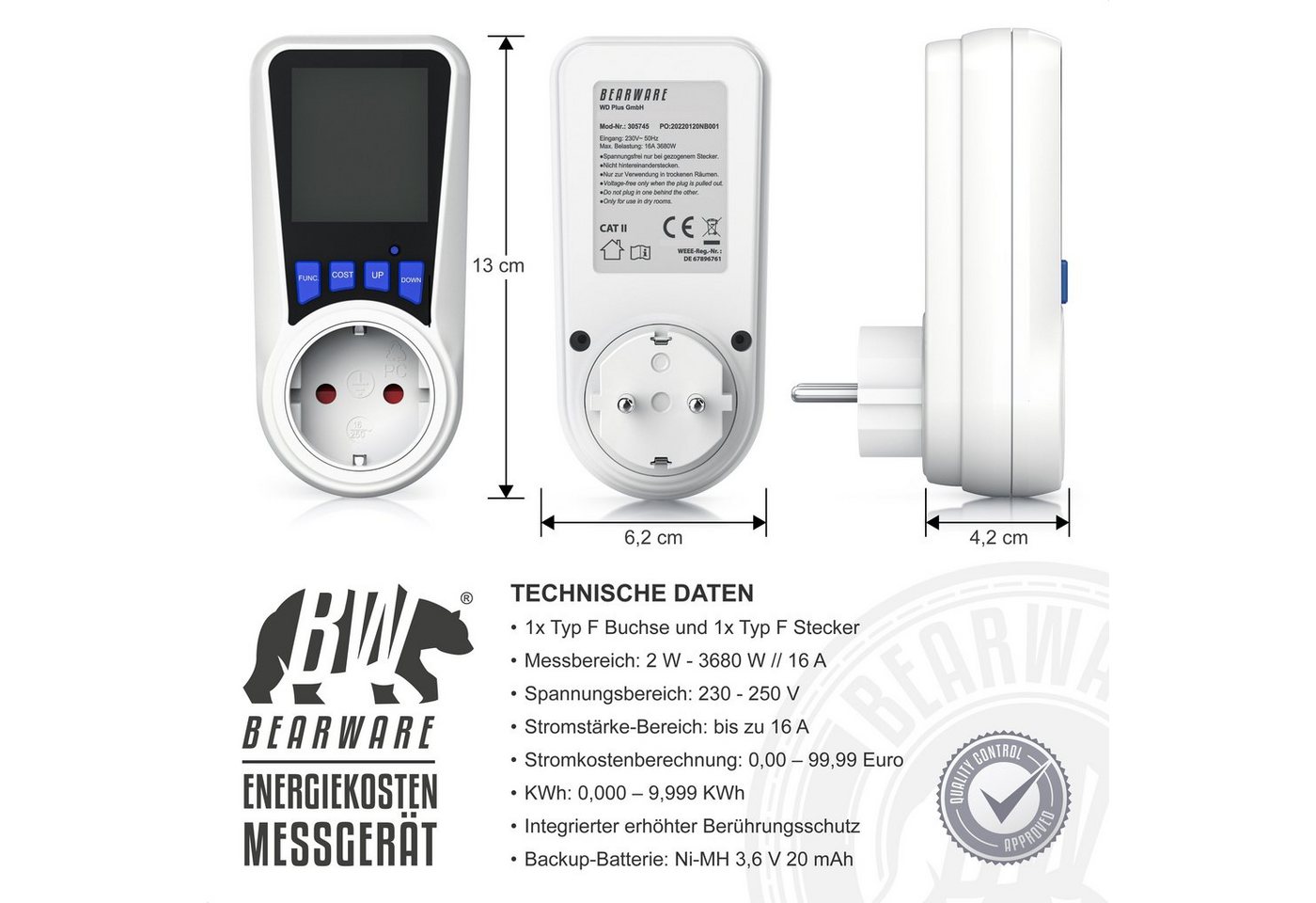 BEARWARE Energiekostenmessgerät Stromkostenmessgerät, max. 3680 W, Stromverbrauchszähler mit Display, 1-tlg., Strommesser/Stromzähler für Steckdose, LCD mit Hin – Bild 2 von 5