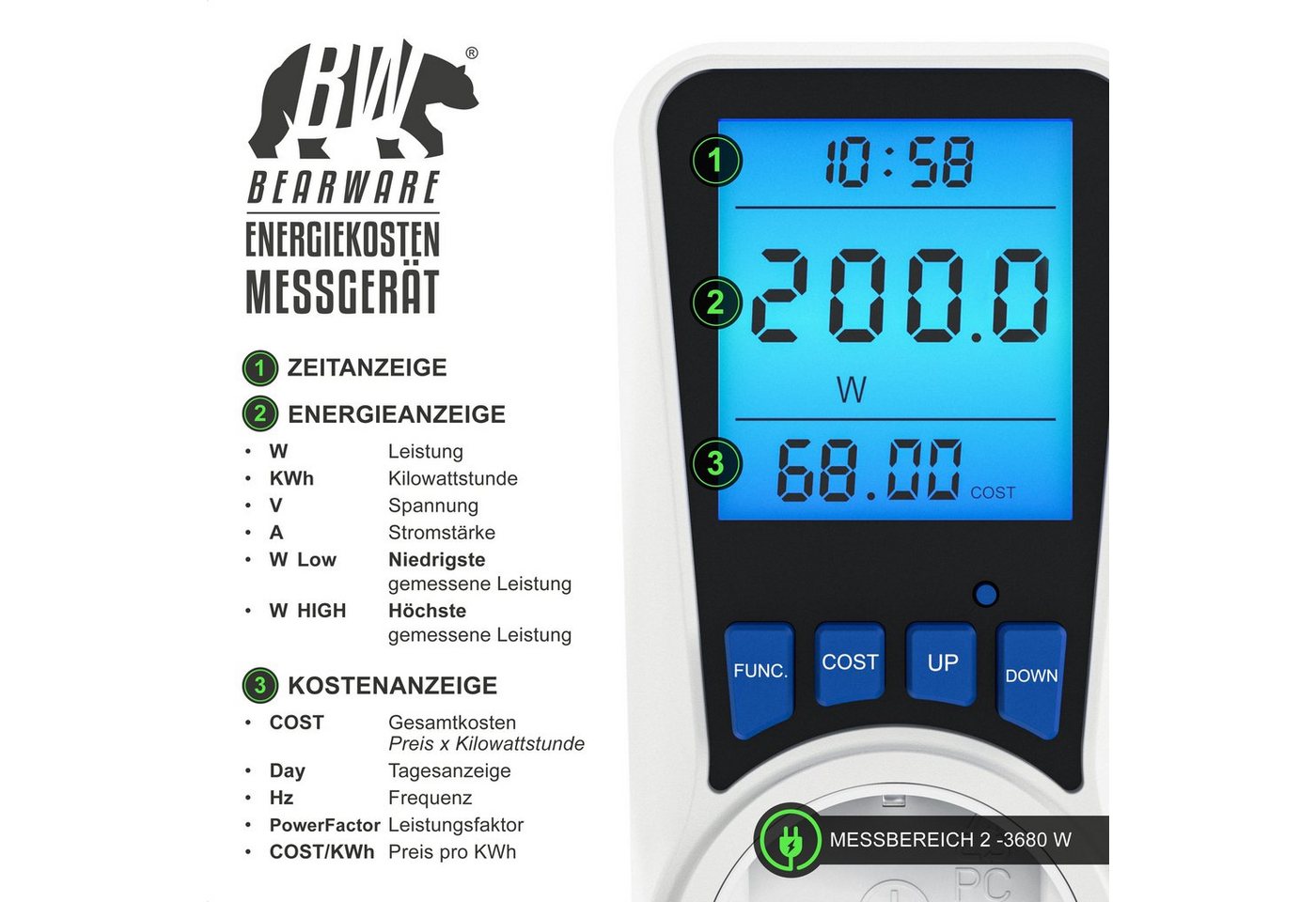 BEARWARE Energiekostenmessgerät Stromkostenmessgerät, max. 3680 W, Stromverbrauchszähler mit Display, 1-tlg., Strommesser/Stromzähler für Steckdose, LCD mit Hin – Bild 3 von 5