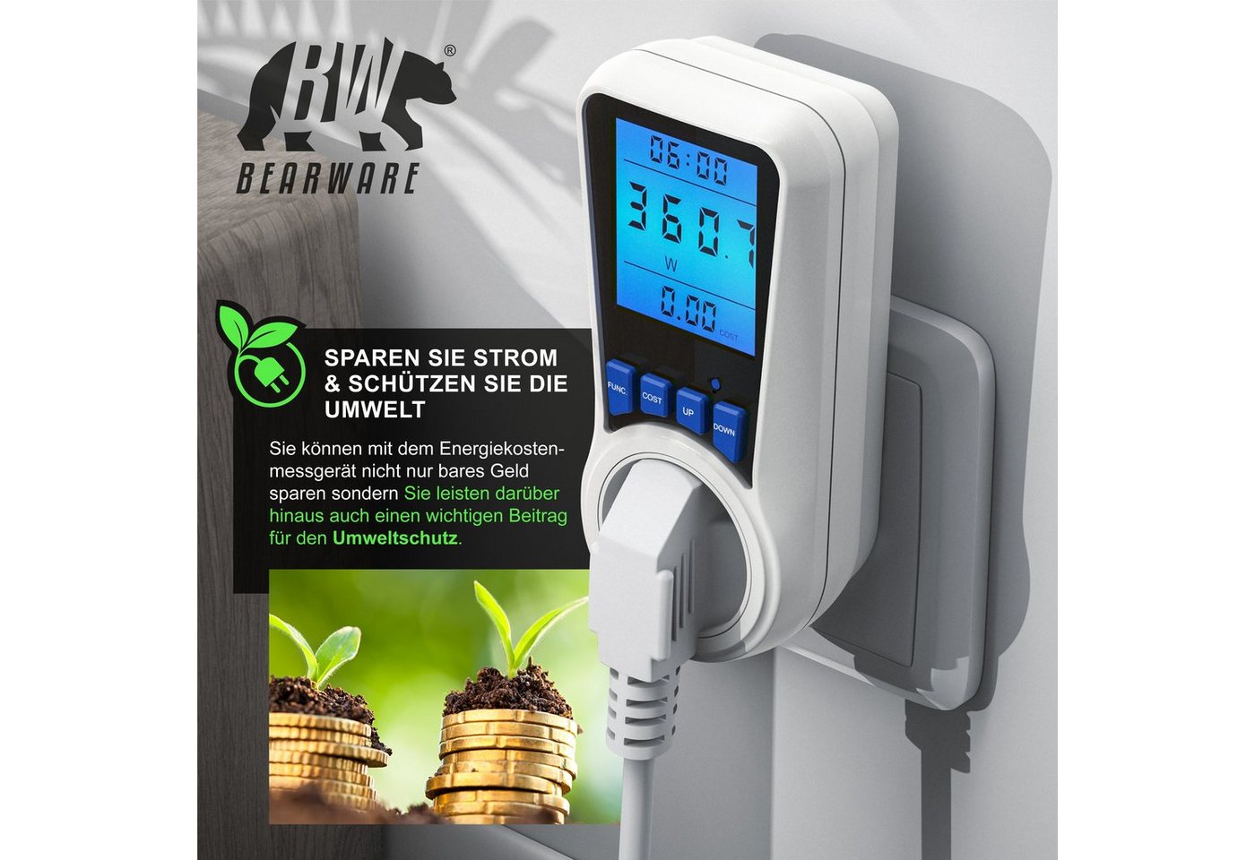 BEARWARE Energiekostenmessgerät Stromkostenmessgerät, max. 3680 W, Stromverbrauchszähler mit Display, 1-tlg., Strommesser/Stromzähler für Steckdose, LCD mit Hin – Bild 4 von 5
