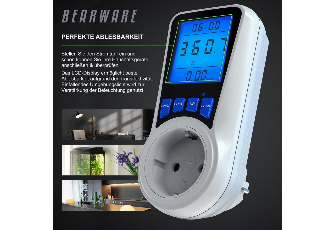 BEARWARE Energiekostenmessgerät Stromkostenmessgerät, max. 3680 W, Stromverbrauchszähler mit Display, 1-tlg., Strommesser/Stromzähler für Steckdose, LCD mit Hin – Bild 5 von 5