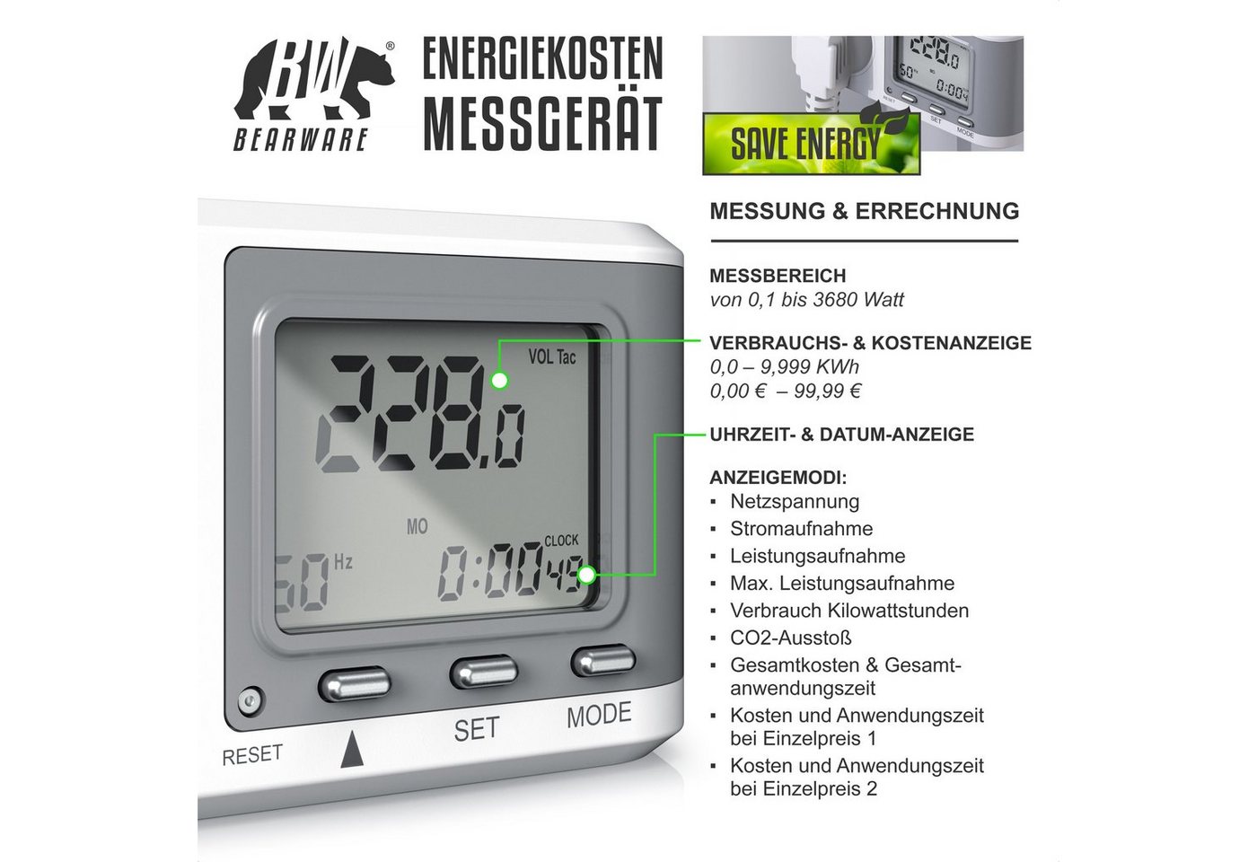 BEARWARE Energiekostenmessgerät Stromverbrauchszähler, Energiekosten Anzeige, Stromzähler max. 3680W, 1-tlg., Strommessgerät für Typ F Buchse mit Berührungsschu – Bild 3 von 5
