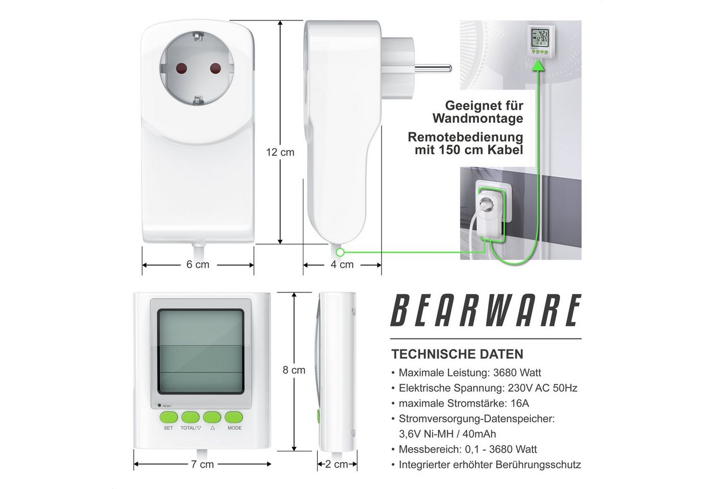 BEARWARE Energiekostenmessgerät Stromverbrauchszähler mit Kabelverlängerung & Stromkostenmonitor, 1-tlg., Strommessgerät, Stromkostenmessgerät, Datum, Uhrzeit,  – Bild 2 von 5