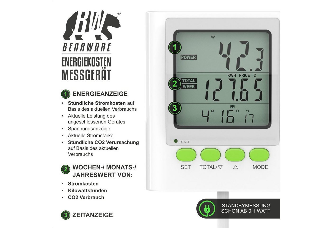 BEARWARE Energiekostenmessgerät Stromverbrauchszähler mit Kabelverlängerung & Stromkostenmonitor, 1-tlg., Strommessgerät, Stromkostenmessgerät, Datum, Uhrzeit,  – Bild 3 von 5