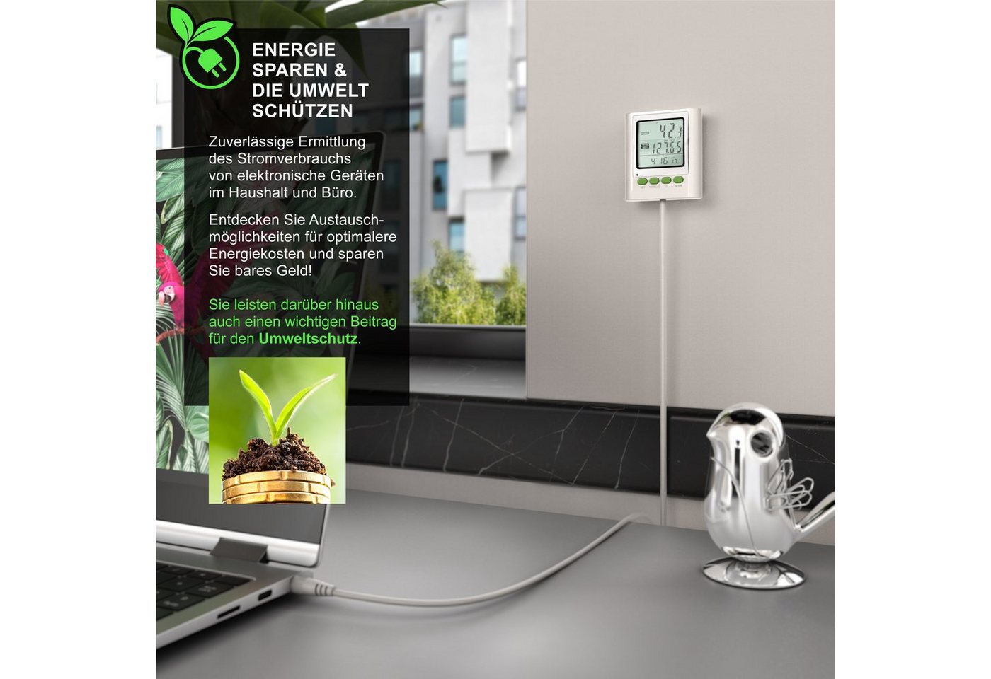 BEARWARE Energiekostenmessgerät Stromverbrauchszähler mit Kabelverlängerung & Stromkostenmonitor, 1-tlg., Strommessgerät, Stromkostenmessgerät, Datum, Uhrzeit,  – Bild 5 von 5