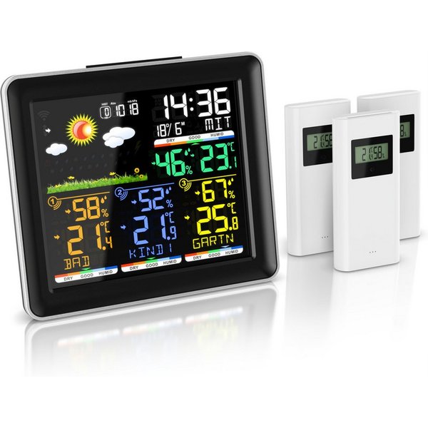 BEARWARE Funk, mit Farbdisplay, Wireless Funksensor/Außensensor, DCF Funkuhr Wetterstation (mit Außensensor, Luftdruck, Wettervorhersage, Barometer, Wecker, Ala