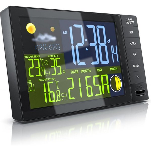BEARWARE Funk, mit Farbdisplay, Wireless Funksensor/Außensensor, DCF Funkuhr Wetterstation (mit Außensensor, Thermometer, Mondphasen, Luftfeuchtigkeit, Wettervo