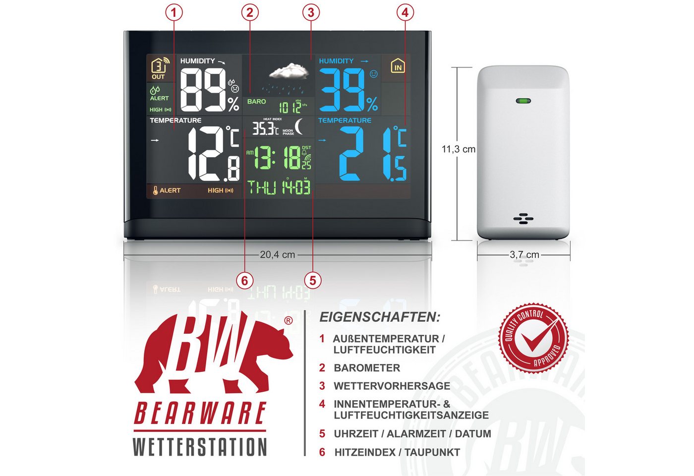 BEARWARE Funk Wetterstation, Luftdruck, Temperaturtrend & Wetterprognose, LCD Wetterstation (mit Außensensor, DCF Empfangssignal Funkuhr, Innen- und Außentemper – Bild 3 von 5
