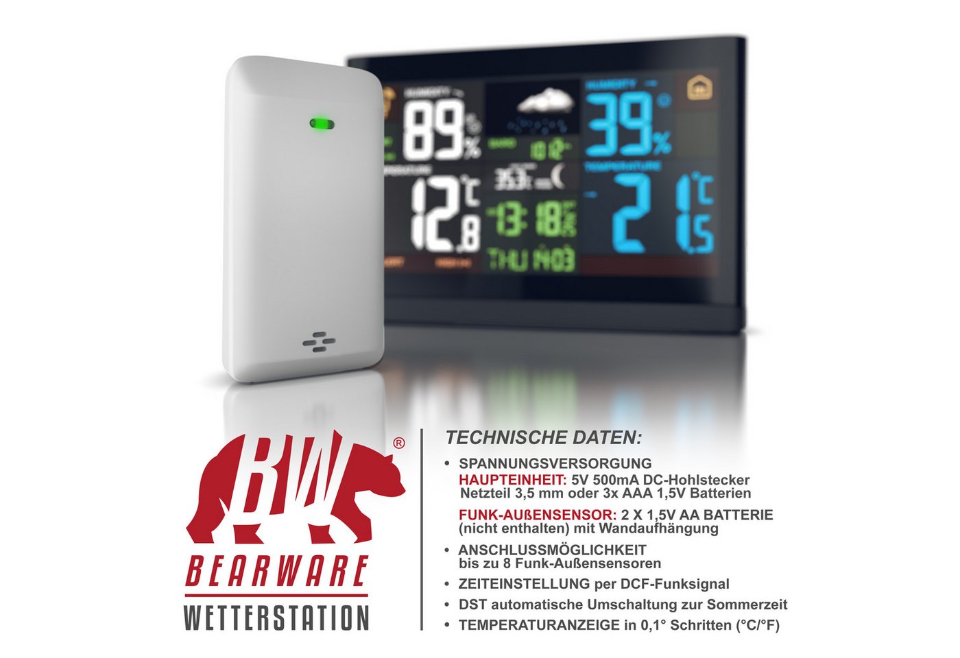 BEARWARE Funk Wetterstation, Luftdruck, Temperaturtrend & Wetterprognose, LCD Wetterstation (mit Außensensor, DCF Empfangssignal Funkuhr, Innen- und Außentemper – Bild 4 von 5