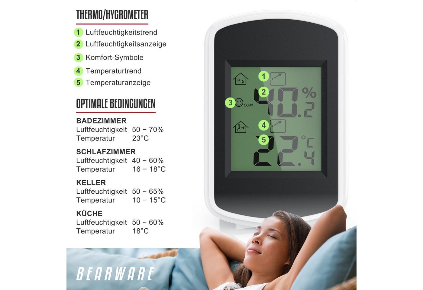 BEARWARE Hygrometer 4x Digitales Thermo-Hygrometer, Indikator für Gewächshaus, Wohnzimmer, (4-St), Hygrometer Thermometer, Temperatur & Luftfeuchtigkeit Messger – Bild 3 von 5
