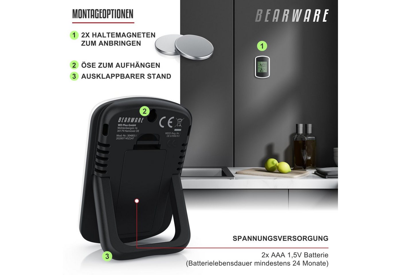 BEARWARE Hygrometer 4x Digitales Thermo-Hygrometer, Indikator für Gewächshaus, Wohnzimmer, (4-St), Hygrometer Thermometer, Temperatur & Luftfeuchtigkeit Messger – Bild 4 von 5