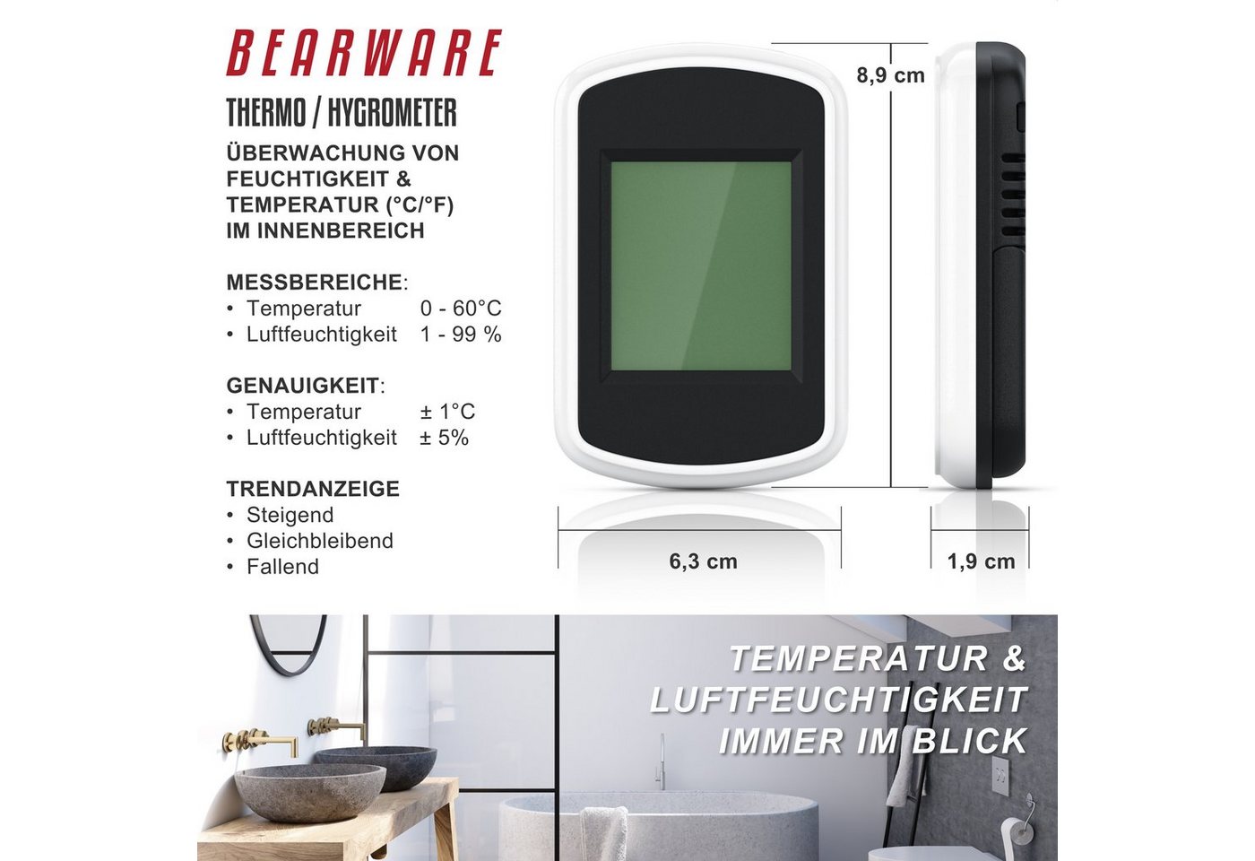 BEARWARE Hygrometer Digitales Thermo-Hygrometer, Indikator für Gewächshaus, Wohnzimmer, (1-St), Hygrometer Thermometer, Temperatur & Luftfeuchtigkeit Messgerät – Bild 2 von 5