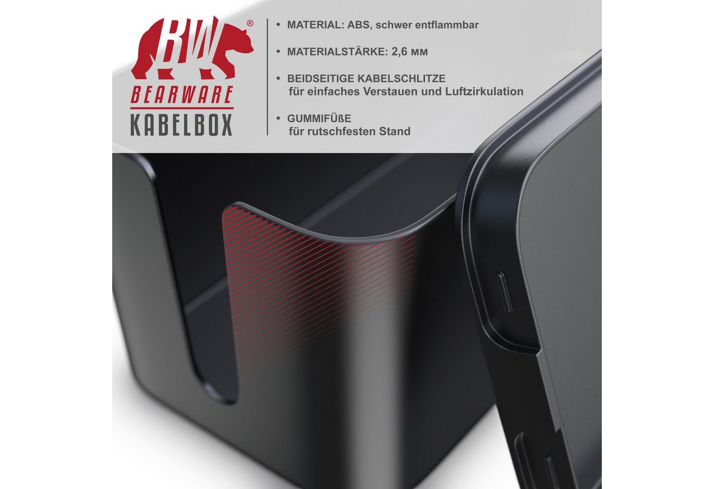 BEARWARE Kabelbox Kabel Box mit Gummifüßen - Kabelmanagement / dezente Optik / Ladebox, (1-tlg), für Steckdosenleiste, Ladegeräte und Kabel, Schutz für Kinder – Bild 3 von 5