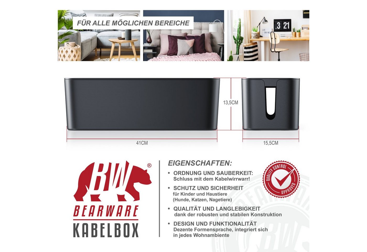 BEARWARE Kabelbox Kabel Box mit Gummifüßen - Kabelmanagement / dezente Optik / Ladebox, (2-tlg), für Steckdosenleiste, Ladegeräte und Kabel, Schutz für Kinder – Bild 2 von 5